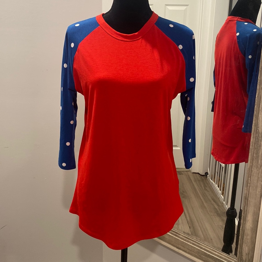 NWOT LulaRoe medium red white blue polka dot patriotic fun top